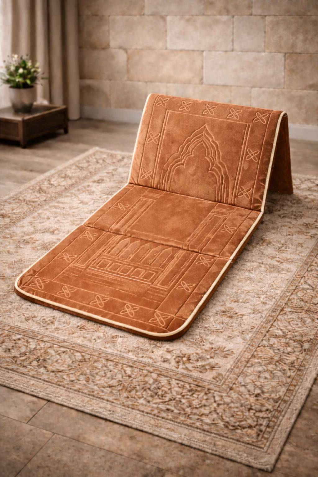 Tapis de prière avec dossier velours marron pour confort maison et soutien lombaire – AYAMINUR