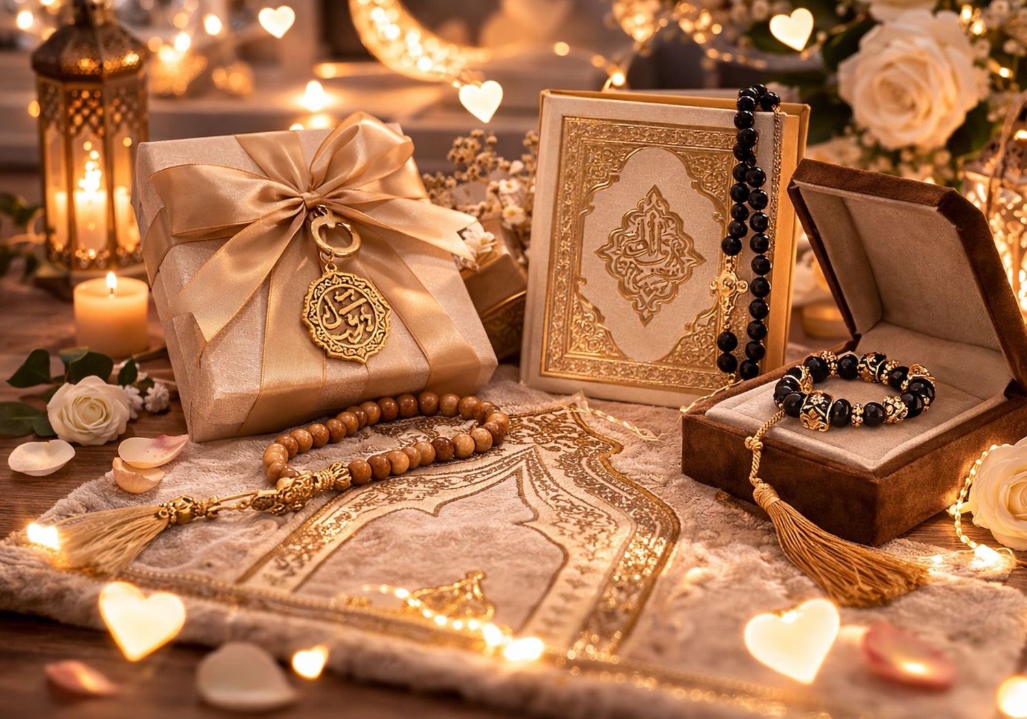 cadeaux islamiques avec tapis de prière, tasbih et coffret coran pour offrir un cadeau musulman spirituel