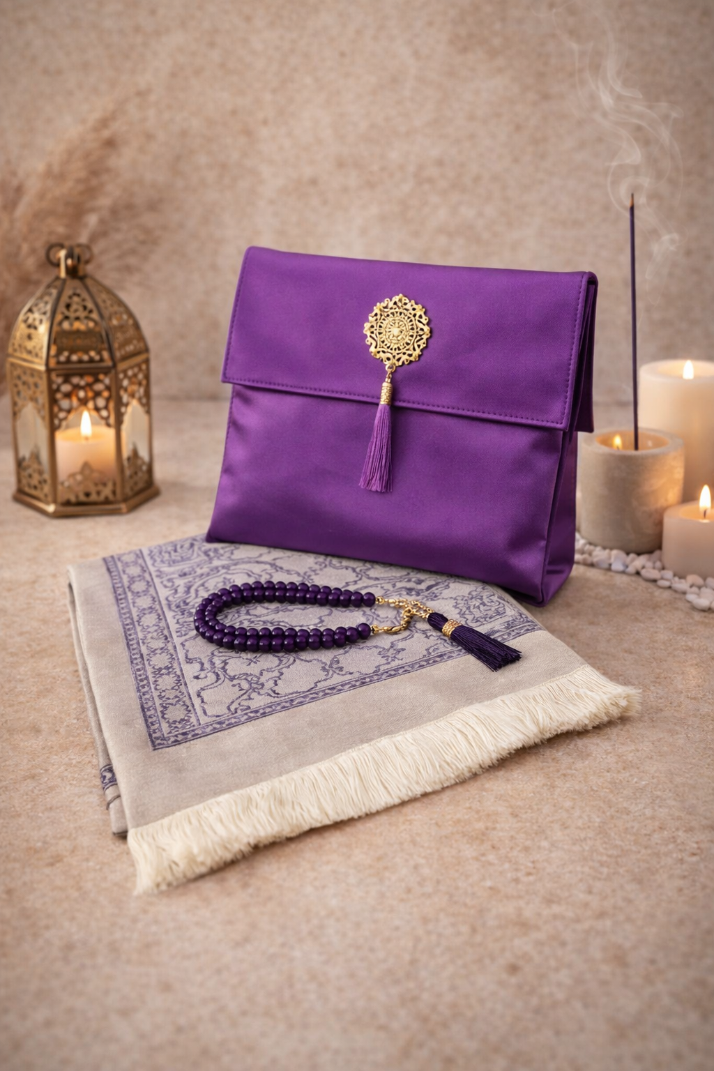 Tapis de prière violet transportable avec tasbih et pochette satin – ensemble prière élégant