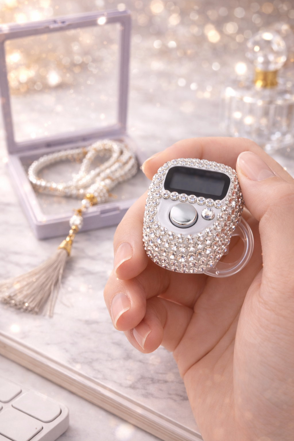 Compteur tasbih blanc strass tenu en main avec tasbih dans coffret pour dhikr et invocation