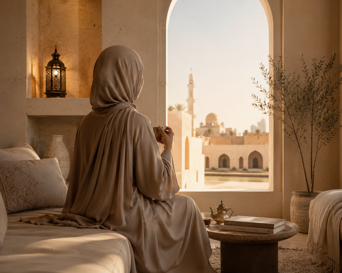 Lifestyle islamique premium AYAMINUR avec femme élégante en abaya et jilbab dans une ambiance orientale chaleureuse et minimaliste