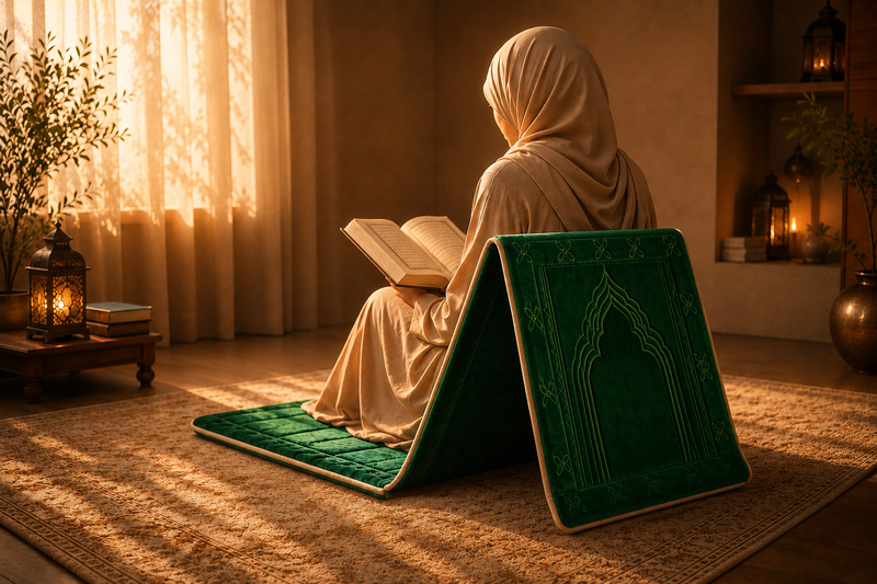 Tapis de prière avec dossier pliable AYAMINUR en velours vert émeraude premium, femme musulmane lisant le Coran dans un espace islamique apaisant, tapis salat confortable avec soutien lombaire pour dhikr, méditation et recueillement à la maison Baraka. 