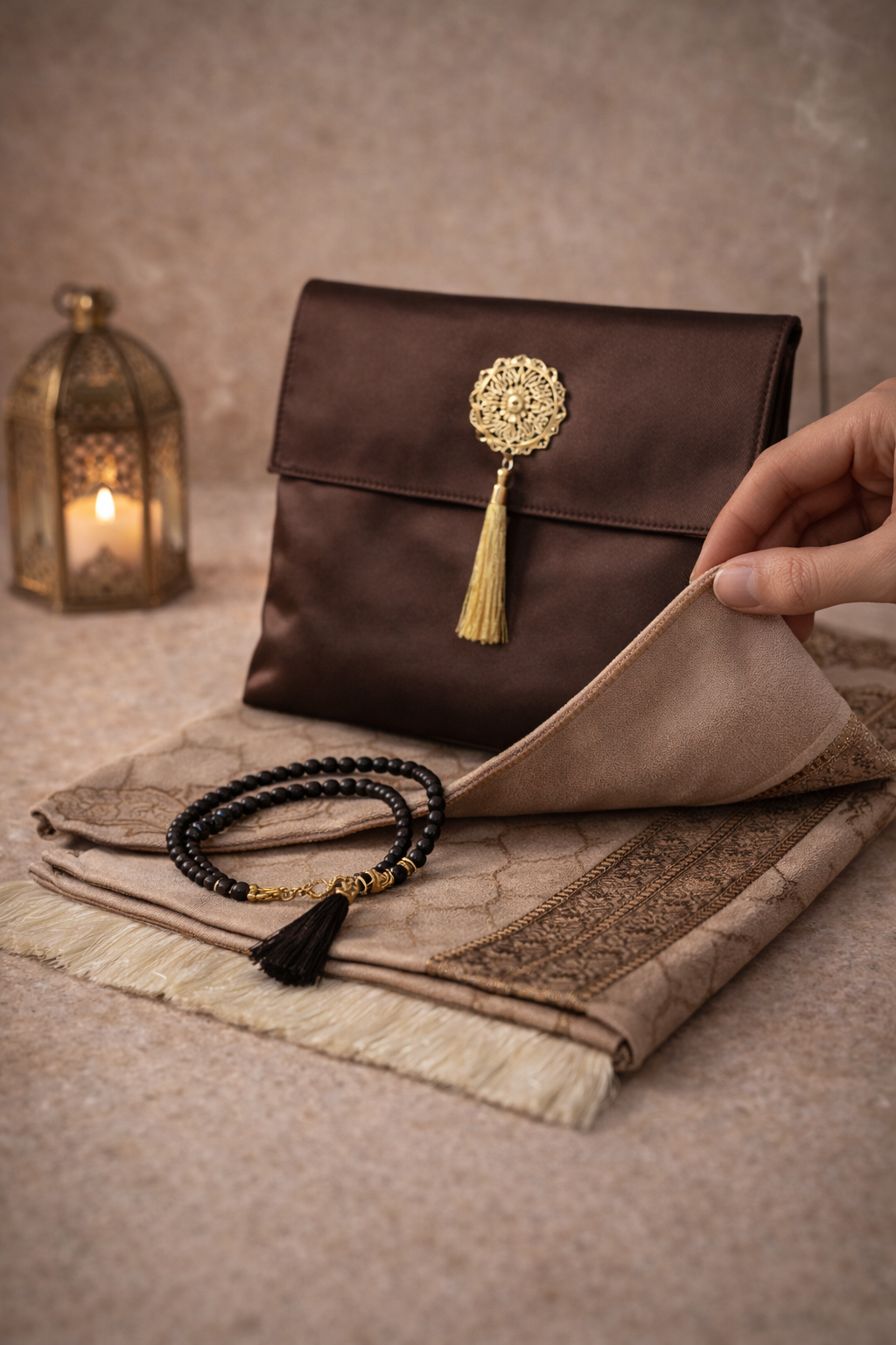 Tapis de prière transportable de poche islam velours avec pochette satin et tasbih AYAMINUR