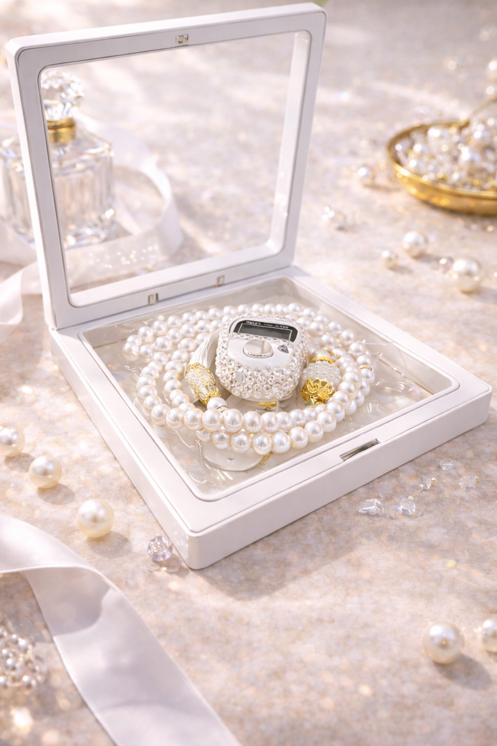 Tasbih blanc nacré avec compteur intégré présenté dans coffret cadeau musulman