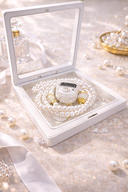 Tasbih blanc nacré avec compteur intégré présenté dans coffret cadeau musulman