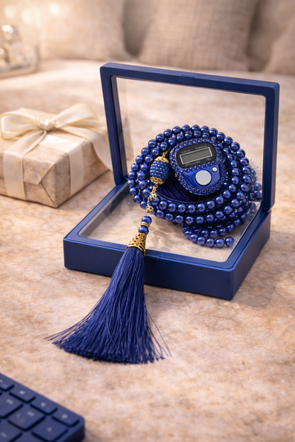 Tasbih bleu saphir diamant avec compteur intégré dans coffret cadeau élégant pour dhikr et salat