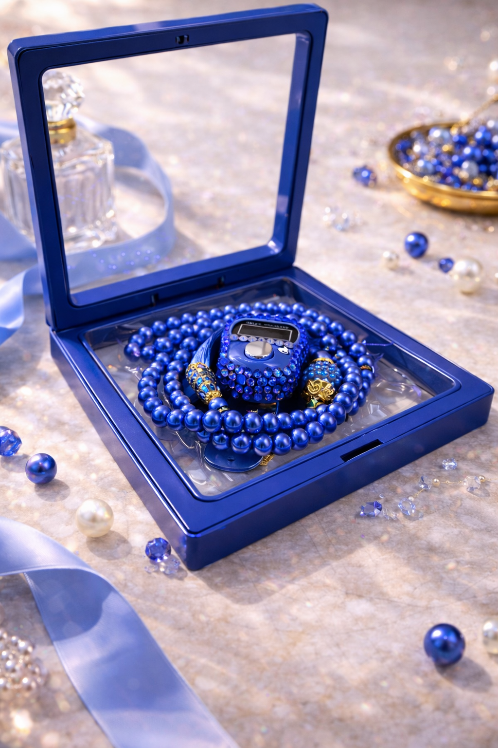 Tasbih bleu saphir avec compteur intégré dans coffret élégant pour dhikr quotidien