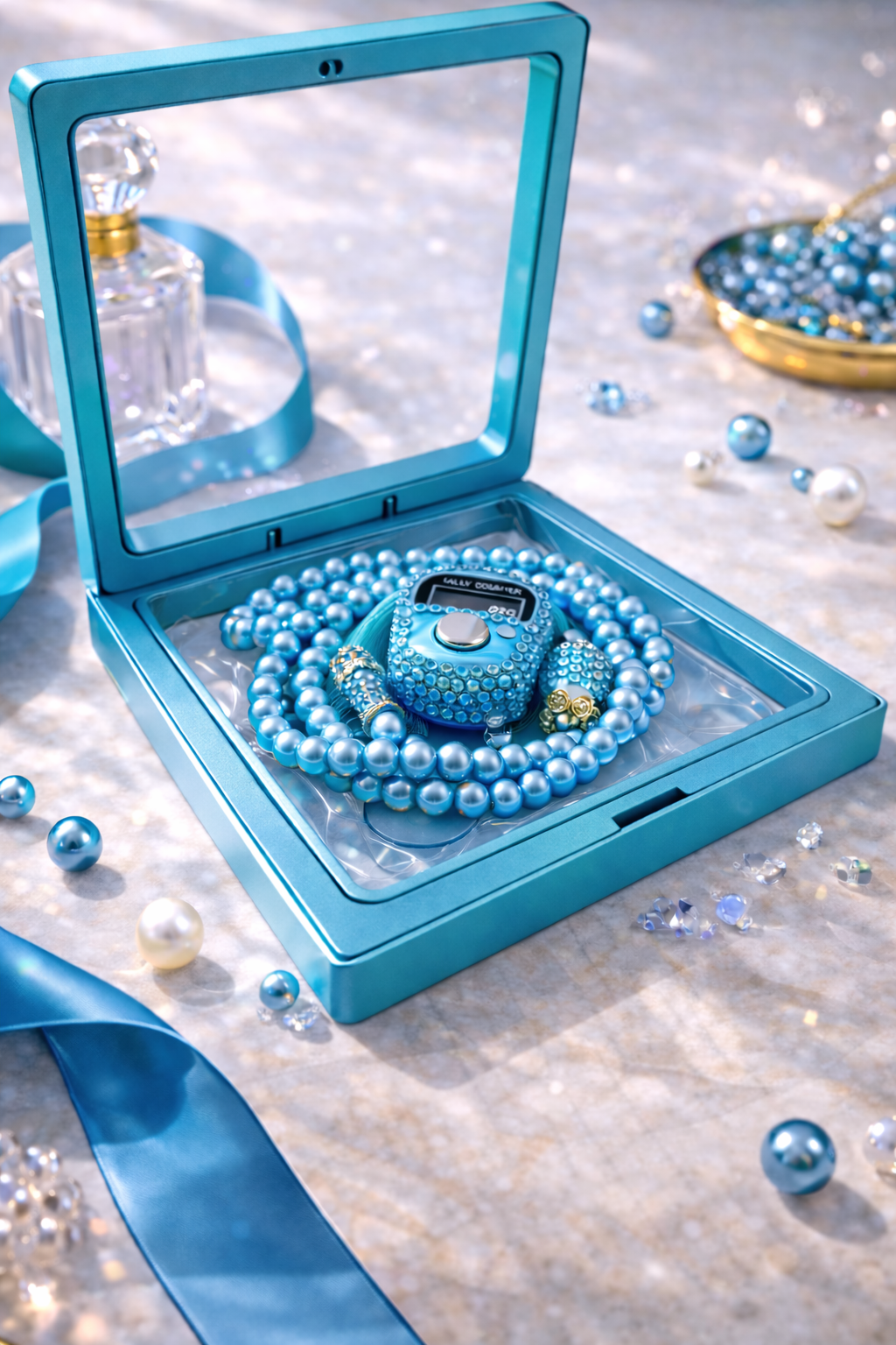 Tasbih bleu turquoise avec compteur intégré coffret cadeau musulman pour dhikr diamant