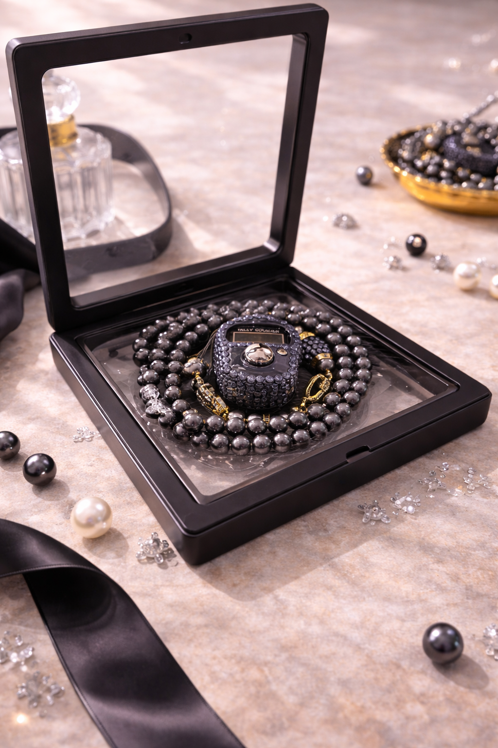 Tasbih gris métal avec compteur intégré coffret cadeau musulman élégant