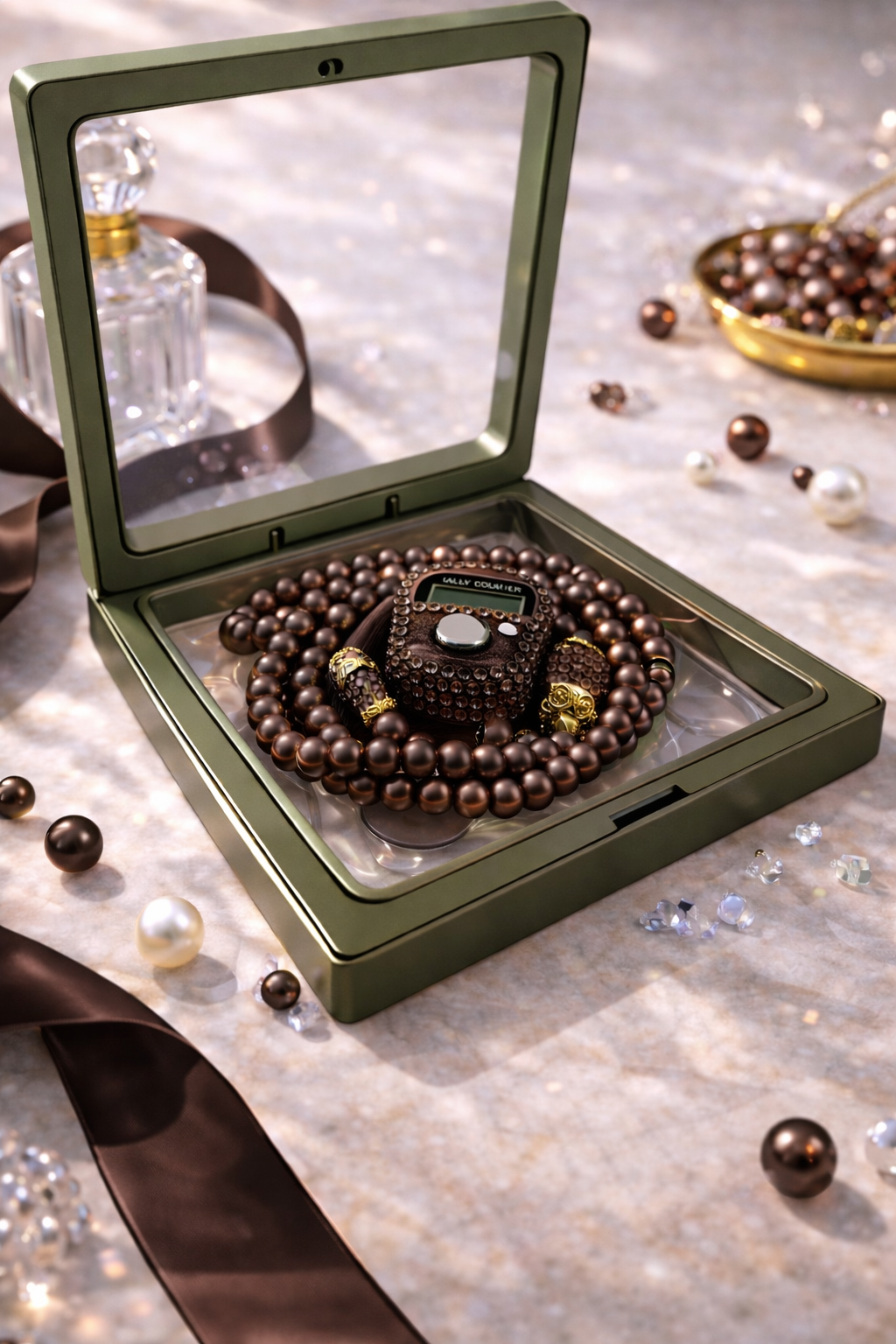 Tasbih marron café avec compteur intégré coffret élégant pour dhikr