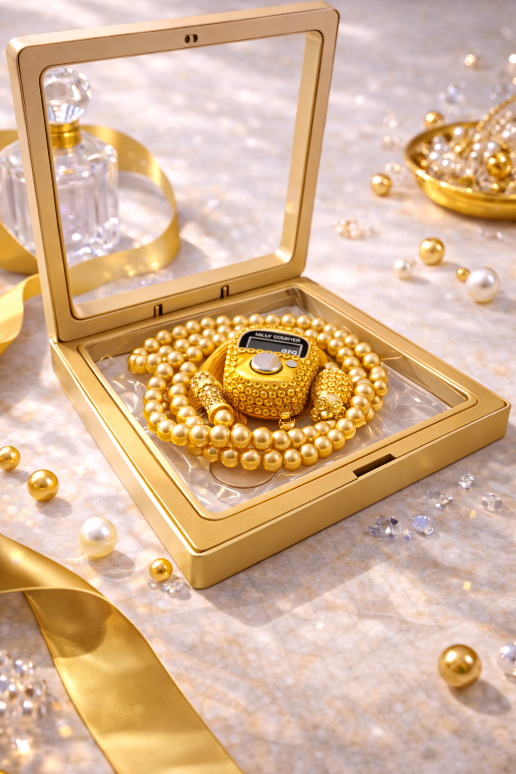 Tasbih or doux diamant avec compteur intégré dans coffret élégant pour dhikr et cadeau musulman