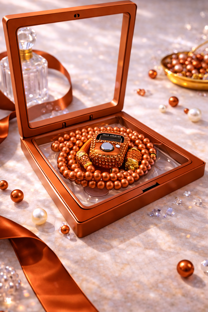 Tasbih orange ambre diamant avec compteur intégré dans coffret élégant pour dhikr quotidien