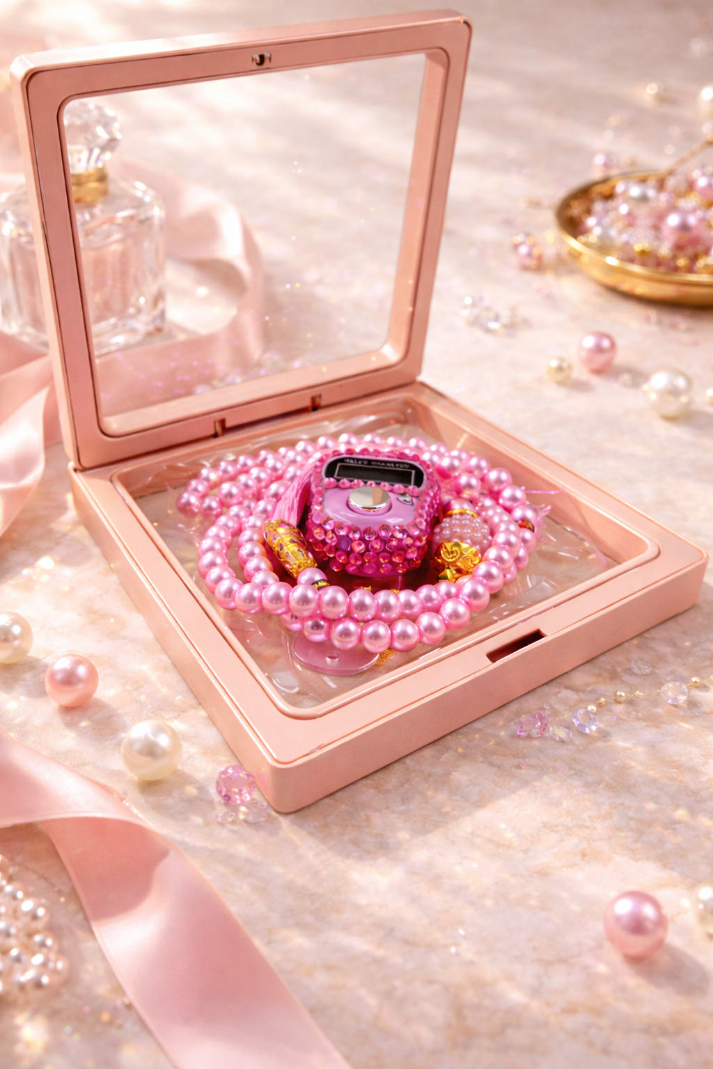 Tasbih rose doux diamant avec compteur intégré coffret élégant pour dhikr et prière