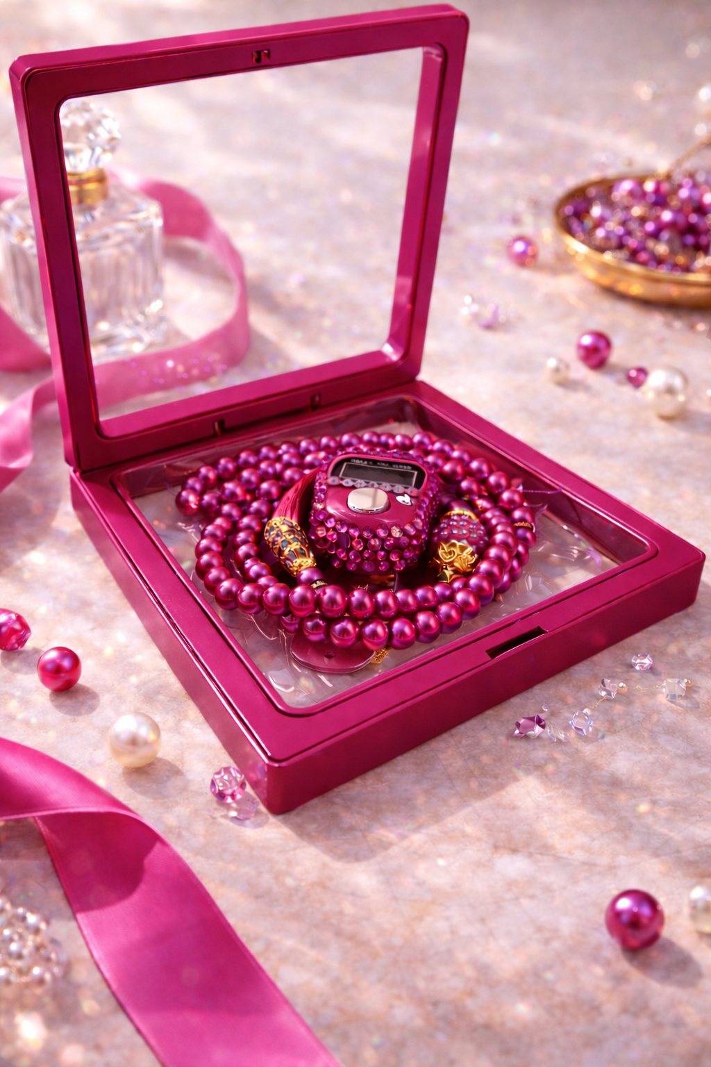 Tasbih rose foncé avec compteur intégré dans coffret élégant pour dhikr