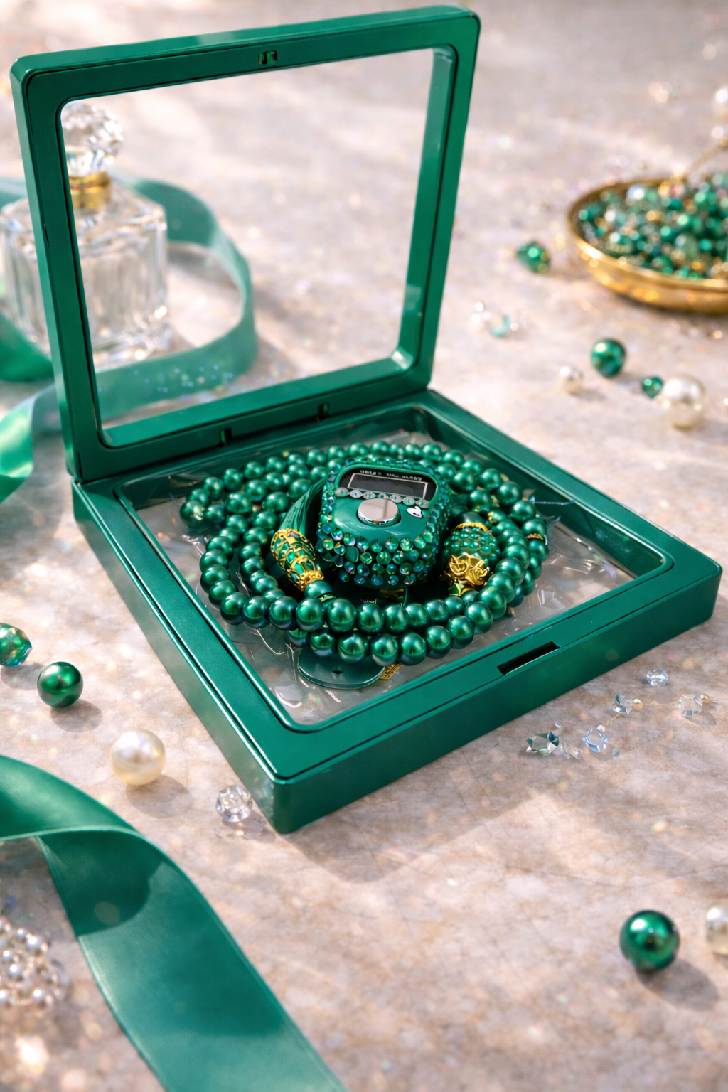 Tasbih vert émeraude avec compteur intégré dans coffret élégant pour dhikr quotidien