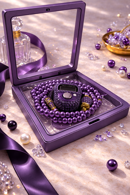 Tasbih violet orchidée avec compteur intégré dans coffret cadeau musulman élégant diamant