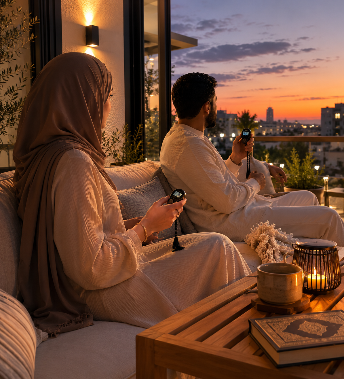 Couple musulman moderne faisant du dhikr avec un tasbih électronique sur une terrasse au coucher du soleil après la salat