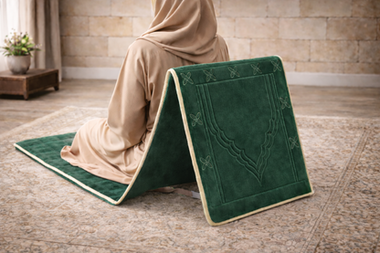 Tapis de prière avec dossier pliable vert pour confort maison et soutien lombaire – AYAMINUR