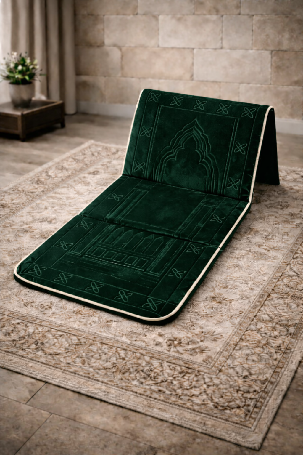 Tapis de prière avec dossier velours vert pour confort maison et soutien lombaire – AYAMINUR