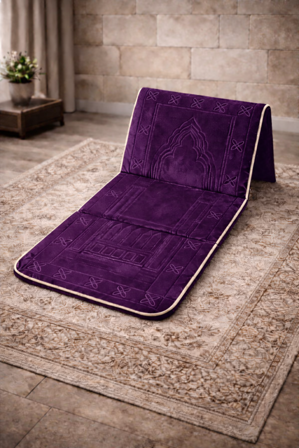 Tapis de prière avec dossier velours violet pour confort maison et soutien lombaire – AYAMINUR