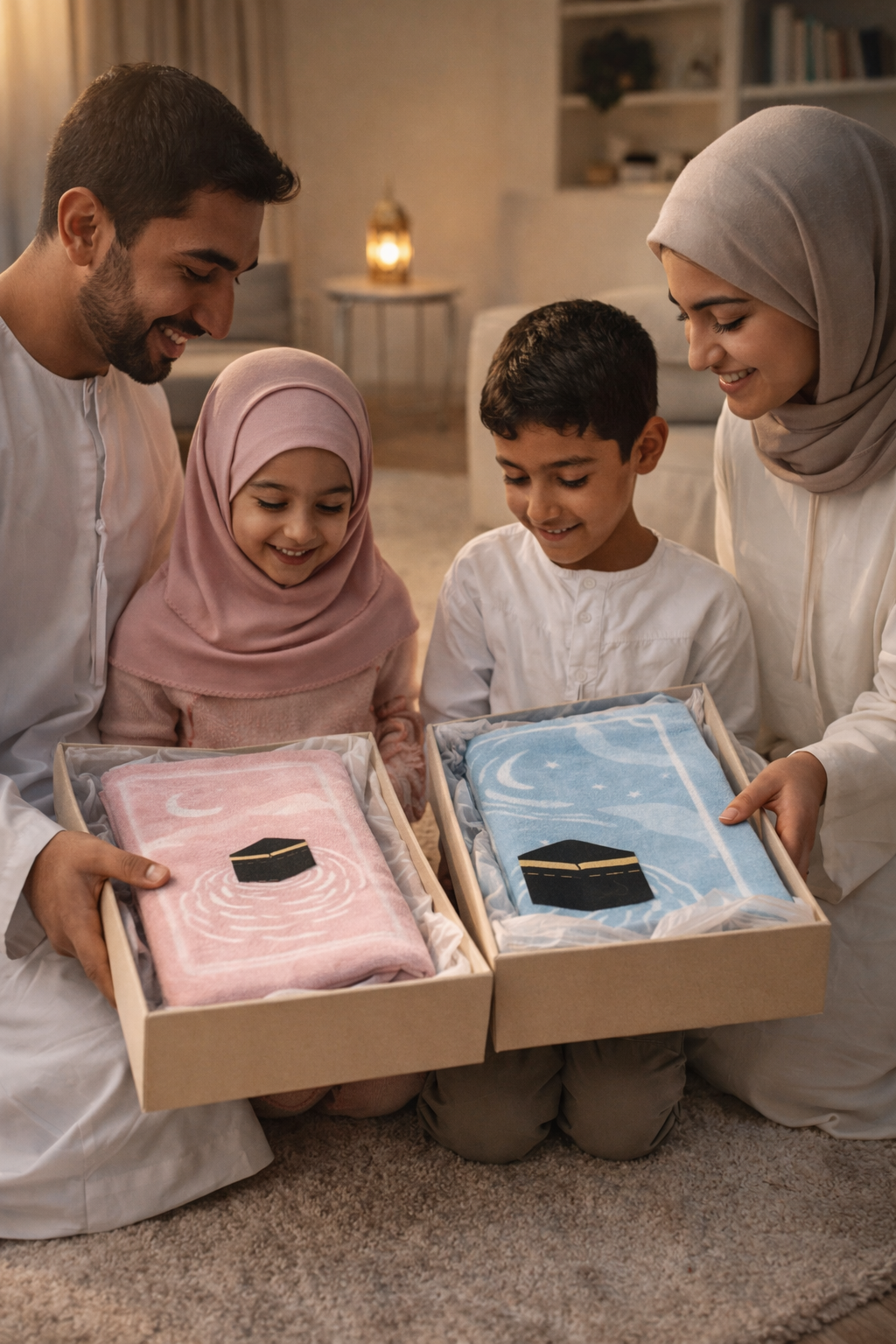 enfant découvrant son premier tapis de prière avec sa famille cadeau islam doux et rassurant AYAMINUR
