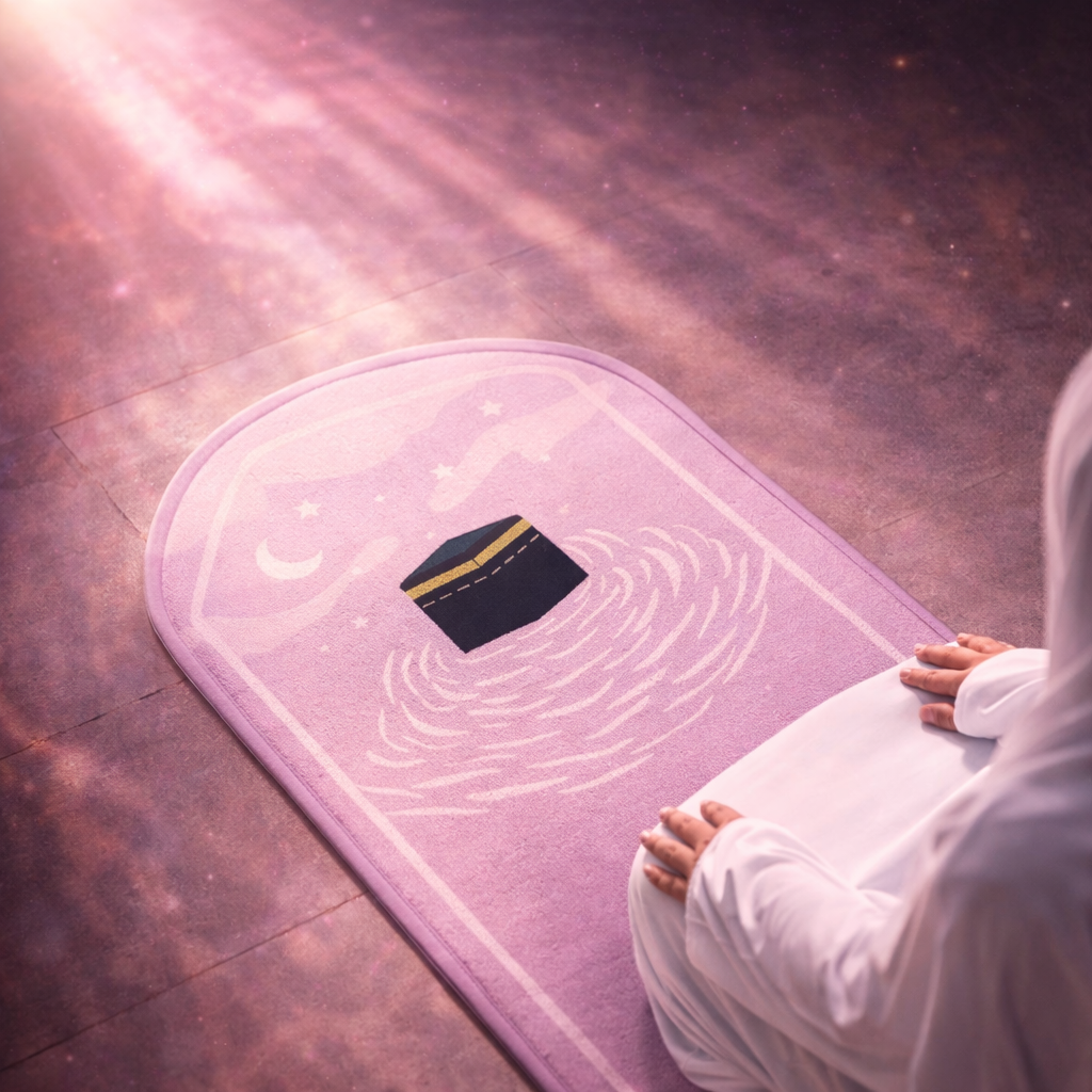 Tapis de prière enfant rose avec motif Kaaba en velours doux – idéal pour les premières prières – AYAMINUR