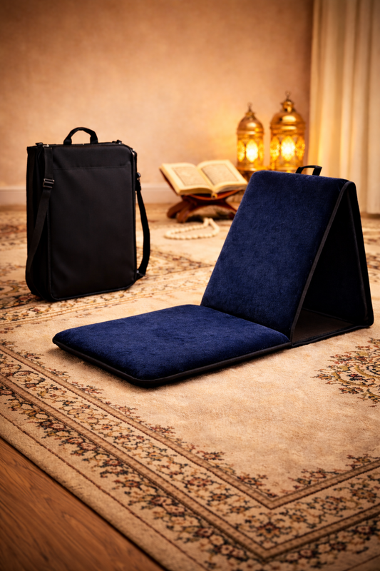 tapis de prière pliable avec dossier et sacoche bleu nuit pour salat confortable et recueillement