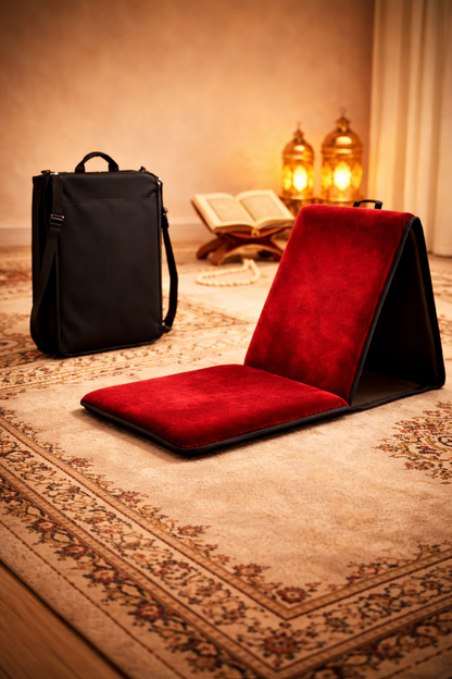 tapis de prière pliable avec dossier et sacoche couleur rouge confortable pour la salat et le soujoud