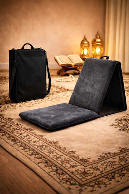 tapis de prière pliable avec dossier et sacoche gris brume élégant pour la salat et la concentration