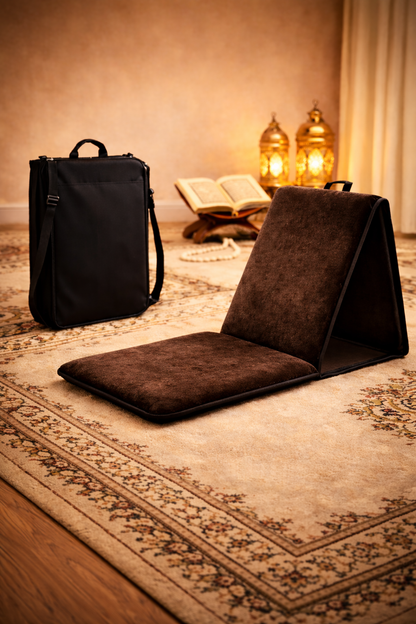 tapis de prière pliable avec dossier et sacoche marron terre confortable pour prière et assise prolongée