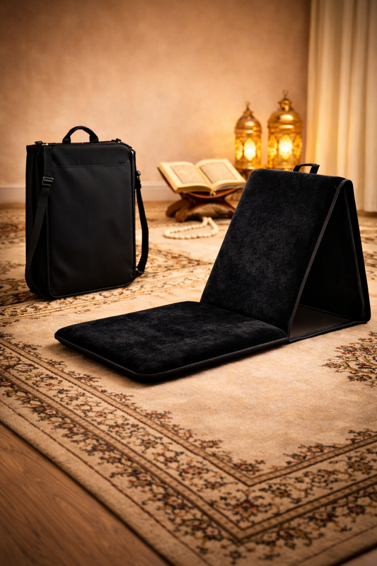 tapis de prière pliable avec dossier et sacoche noir nuit idéal pour le dhikr et les moments d’adoration
