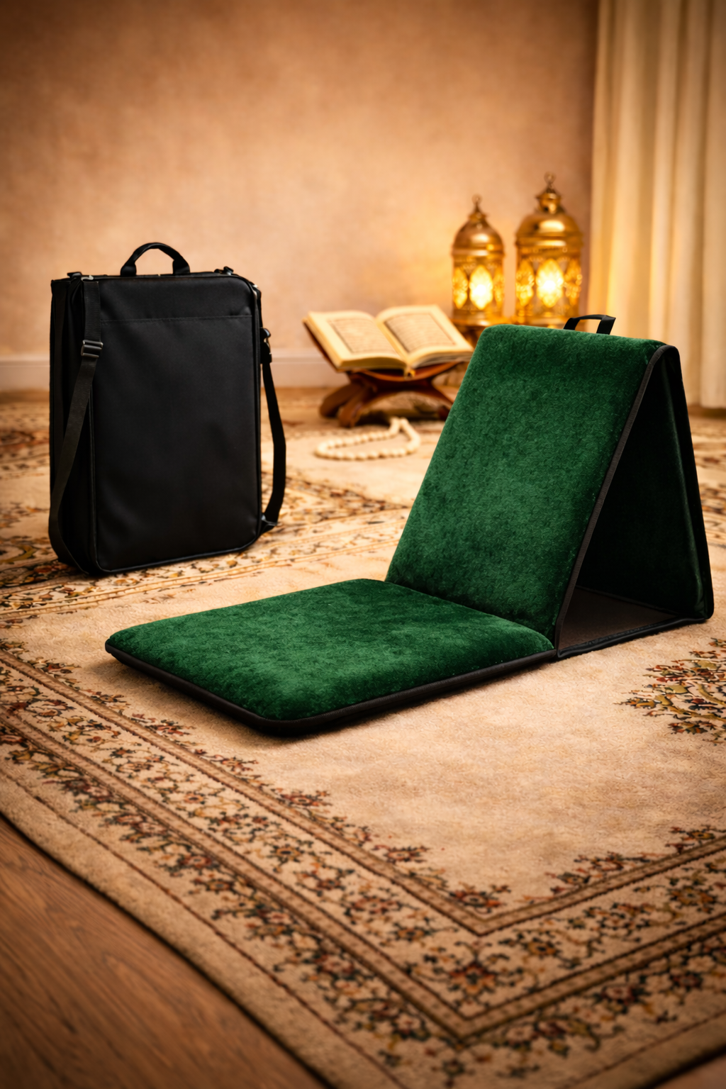 tapis de prière pliable avec dossier et sacoche vert jardin pour prière confortable et dhikr
