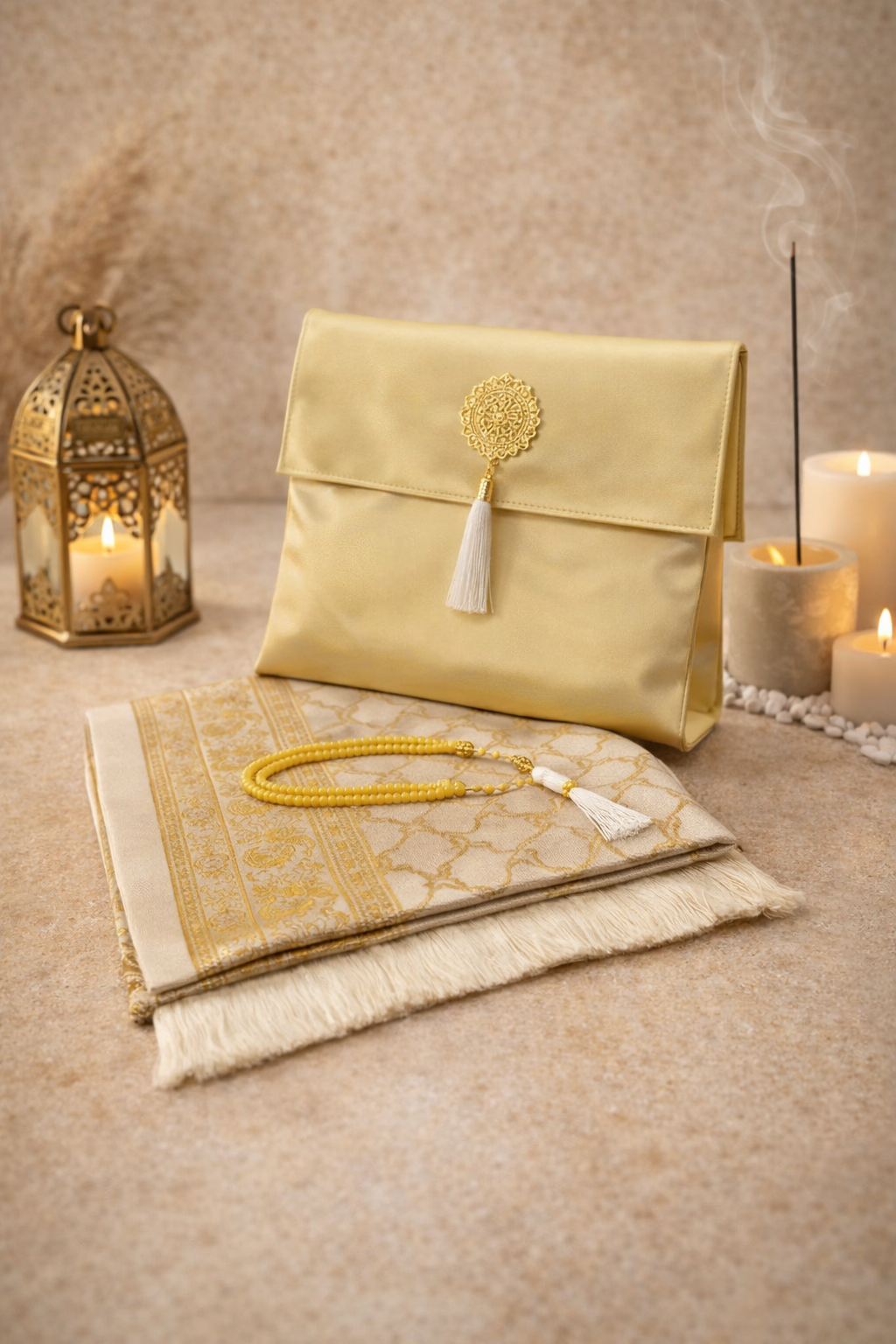 Tapis de prière jaune transportable avec tasbih et pochette satin – cadeau musulman original