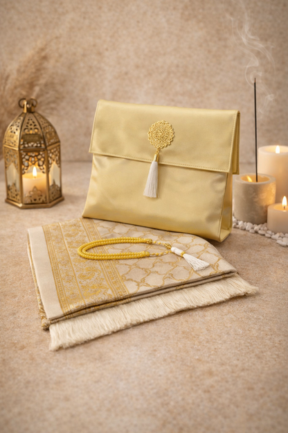Tapis de prière jaune transportable avec tasbih et pochette satin – cadeau musulman original