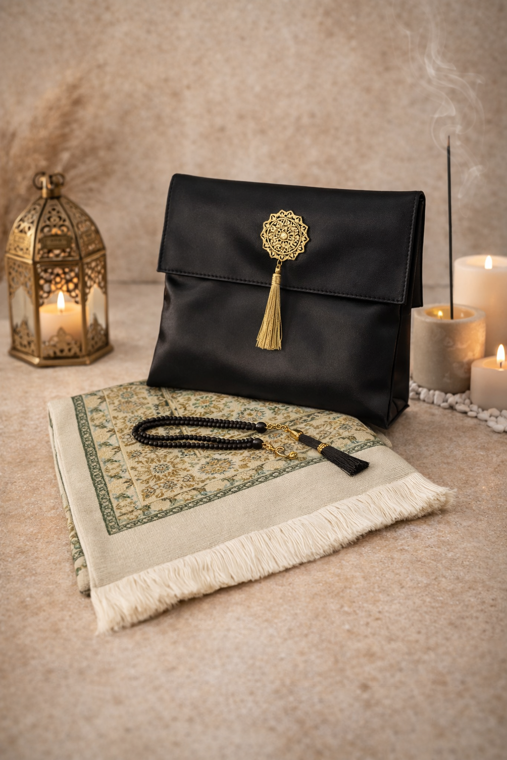 Tapis de prière transportable noir avec pochette satin et tasbih assorti – ensemble cadeau musulman AYAMINUR