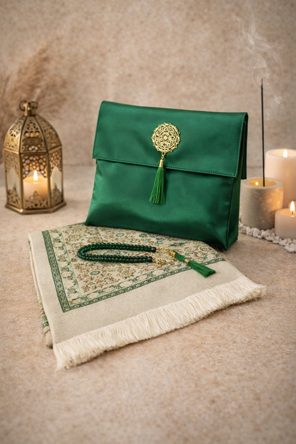Tapis de prière vert transportable avec tasbih et pochette satin – ensemble prière nomade