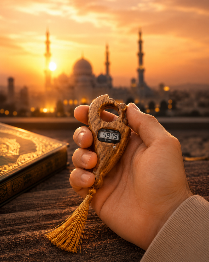 Tasbih bois naturel avec compteur digital pour dhikr, invocation et salat, accessoire musulman premium utilisé pendant le Coran et les moments de recueillement spirituel, idée cadeau islamique élégante AYAMINUR.
