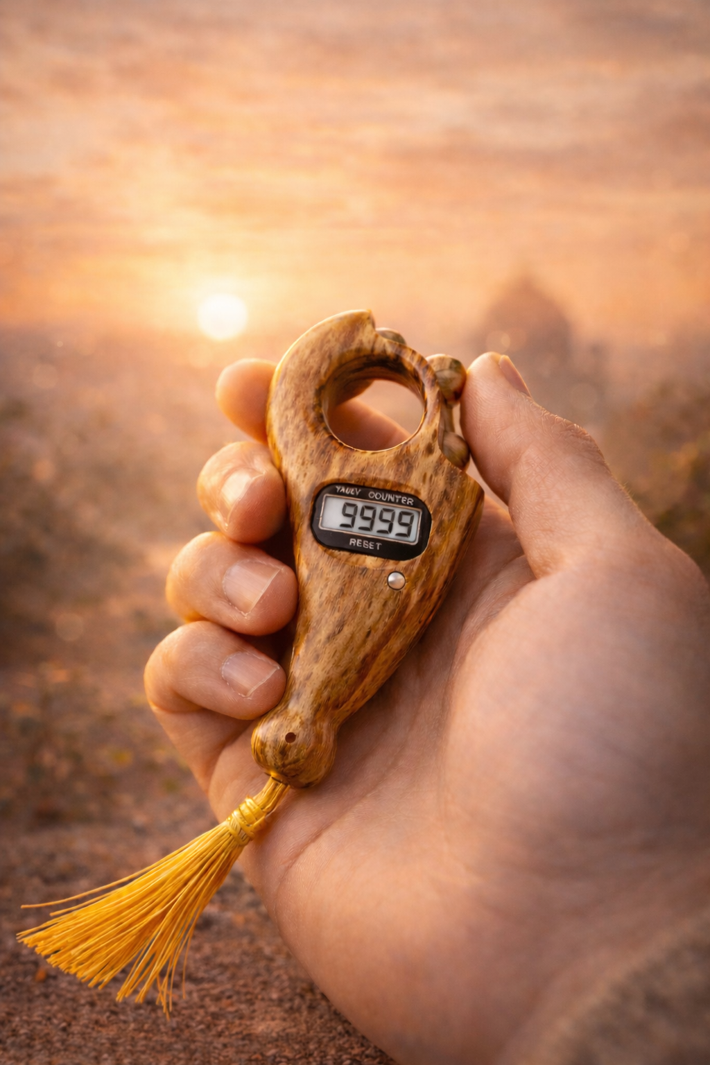 Tasbih en bois naturel avec compteur digital utilisé en main pour dhikr quotidien AYAMINUR